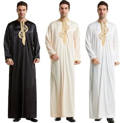 Men Dishdasha Muslim Long Sleeve Dress Daffah Thobe Jubba Saudi Arab Thoub Kaftan Islam Clothing Robes Abaya Dubai Middle East