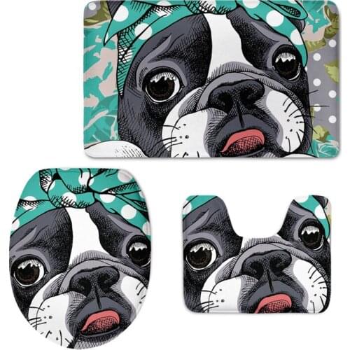 French Bulldog Cartoon Print Overcoat Toilet Seat Covers 3Pcs Set for Bathroom/Washrooom Rugs Animal Style Home Decor Carpets