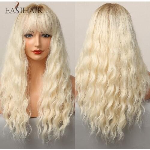 EASIHAIR Long Blonde Platinum Wig with Bangs Curly Hair Synthetic Wigs for Women Light Blonde Wavy Wigs Cosplay Heat Resistant