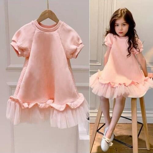 2021 Spring and Summer New Child Girl Pink Western Style Medium and Large Girls Mesh Short Sleeve Dress Princess Dress