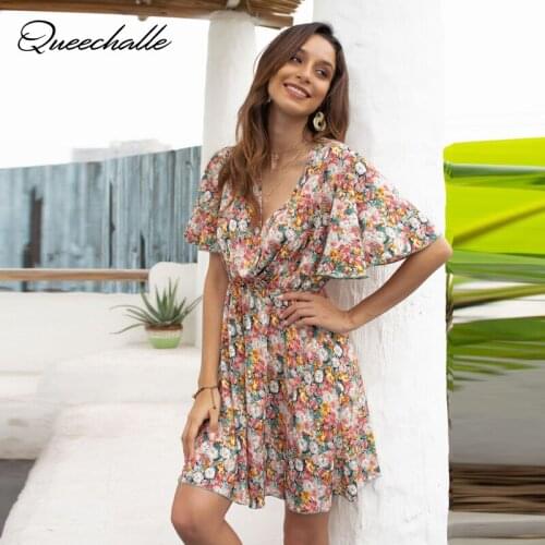 Casual Cross V-neck Bohemian Summer Dress Women 2021 New Fashion Floral Print Butterfly Sleeve Mini Sundress Elegant Vestidos