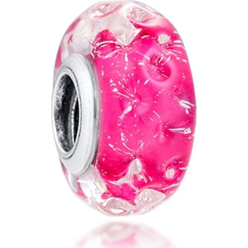 QANDOCCI DIY Fits for Pandora Charms Bracelets Wavy Pink Murano Glass Beads 100% 925 Sterling-Silver-Jewelry Free Shipping