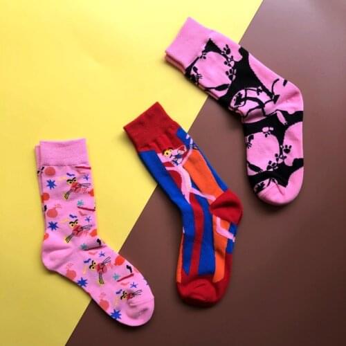 Pink Personality Cartoon Girls Socks College Style Cute Skateboard Socks Women Fashion Jacquard Combed Cotton Socks Skarpetki