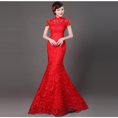 Mandarin Collar Sexy Lace Flower Lady Cheongsam NEW Red Chinese Wedding Party Bride Qipao Full Length Elegant Mermaid Dress
