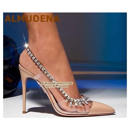 ALMUDENA Clear PVC Bling Bling Crystal Wedding Shoes Fringe Pointed Toe Slingback Dress Pumps Thin High Heel Glitter Sandals