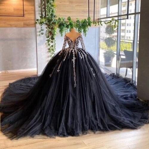 Dark Navy Ball Gown Prom Dresses Saudi Arabia Off The Shoulder Lace Appliques Long Sleeves Evening Gowns Robe De Soiree