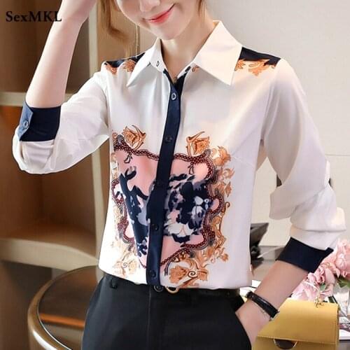 Women White Printed Office Button Up Shirts 2021 Korean Fashion Clothing Long Sleeve Blouses Elegant Sexy Y2k Chiffon Ladies Top