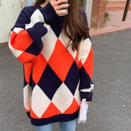 Autumn New Women Oversized Sweater 2021 Winter Thicken High Quality Geometric Plaid Loose Knitted Pullovers Sweaters Jumper