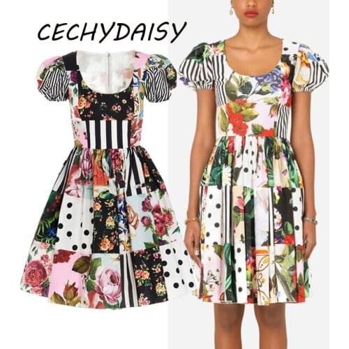 2021 Summer Dress Women Runway Fashion Puff Sleeve Floral Printed High Waist Party Beach Vacation Vintage Traf Y2k Chic Dresses