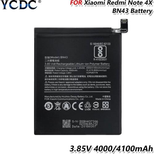 YCDC 1PC Rechargeable 3.85V 4000/4100mAh BN43 BN 43 Lithium Li-ion Rechargeable Battery For Xiaomi Redmi Hongmi Note 4X Note4X