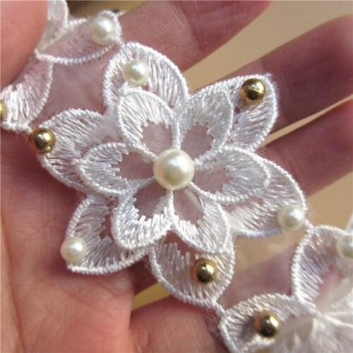 12X Ivory Gold Pearl Flowers Embroidered Lace Trim Ribbon Applique Sewing Craft Fabric DIY For Costume Hat Shoes Decoration 5CM