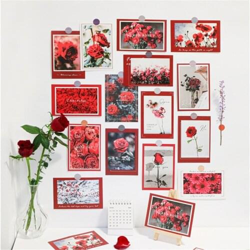 15Pcs Ins Style Colourful Floral World Paper Card Wall Sticker Rose Orchid Green Leaf Lavender Room Home Decoration Accessories