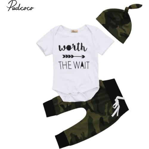 3Pcs Summer Newborn Baby Boy Casual Outfits Short Sleeve O-neck Tops Cotton Romper+Camouflage Pants Hat Set 3PCS