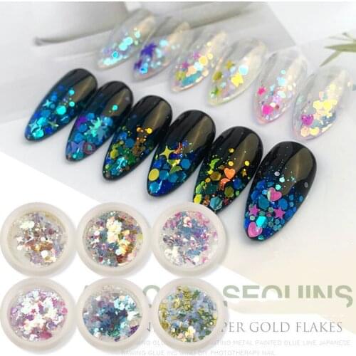 6 Pcs Kit Nail Art Starry Sky Laser Sequin irregular Aurora Symphony Laser Sequin Color Change Set 3D Nail Decoration