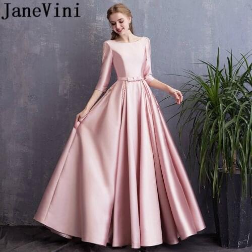 JaneVini Blush Pink Satin Long Bridesmaid Dresses With Pockets A Line 3/4 Sleeves Pearls Beaded Floor Length Formal Party Gowns