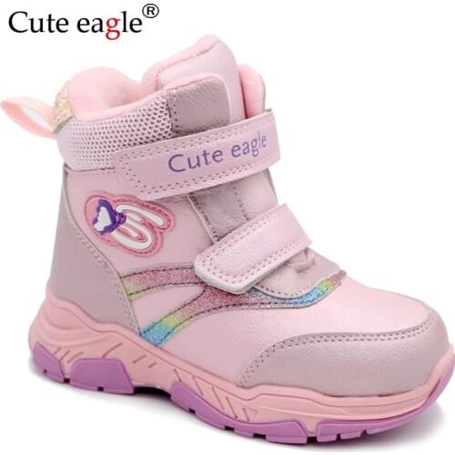 Cute Eagle Winter Shoes for Girls Toddler Kids Baby Girl Waterproof Leather Warm School Cold Weather Boots Princess Woolen Shoes