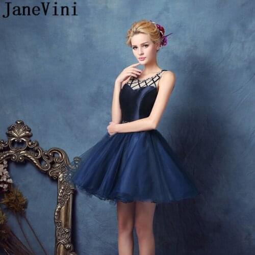 JaneVini Elegant 2019 Navy Bridesmaid Dress Short Mini Beaded Wedding Party Dress 2018 Pearls Keyhole Back Tulle Prom Dresses