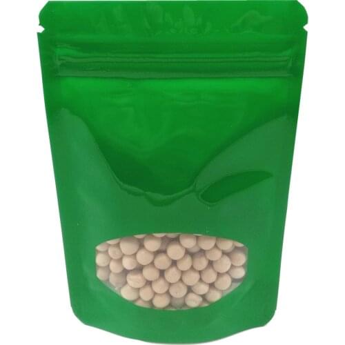 100Pcs Glossy Green Zip Lock Aluminum Foil Stand Up Bag with Clear Window Self Seal Reusable Doypack Tear Notch Pack Pouches