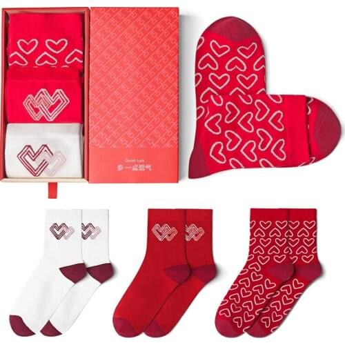 Chinese Style Cotton Socks Women Men Red Heart Long Socks Lucky Funny Socks Ankle Home Calcetines Media