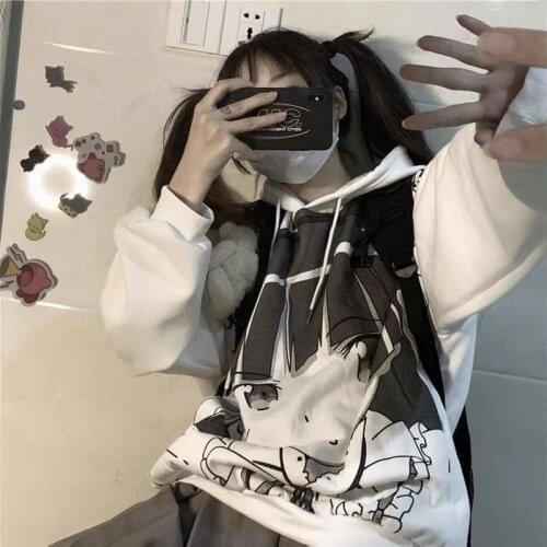 Japanese Anime Hoodie Autumn Clothes Women Sweatshirt Fashion Print Long Sleeve Tops Loose Warm Velvet Plus Size Women Pullover