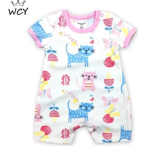 Cartoon Kawaii Cat 100% Cotton Baby Bodysuits Summer Short Sleeve 6-24M Baby Girls Romper Clothes 2018 Printing Jumpsuit Kids