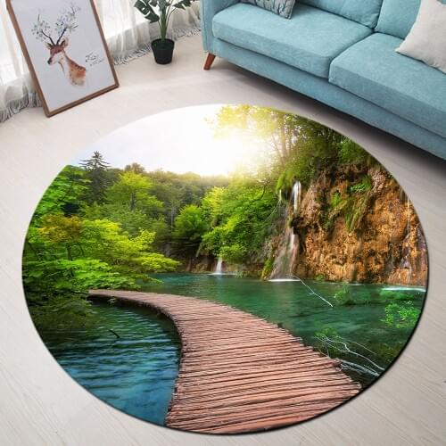 Round Carpet Lake Water Waterfall Wooden Road Landscape Living Room Bedroom Carpet Anti-Slip Floor Mat Computer Chair Area Rugs