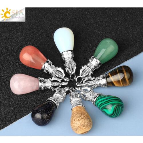 CSJA Water Drop Clear Quartz Pendant Semi Precious Stone Natural Healing Crystal Necklaces Green Aventurine Tiger Eye Reiki G702