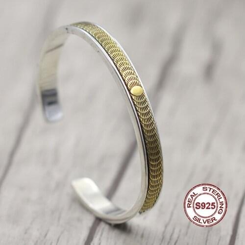S925 angles Sterling Silver Mens Open Bracelet Indian style Personality trend Feather series brass Send a gift to love