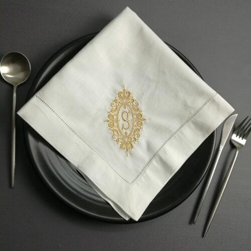 Set of 12 Monogrammed Dinner Napkins 20*20-inch White linen Hemstitch Table Napkins Ladder Embroidered Initial S Tea Napkins