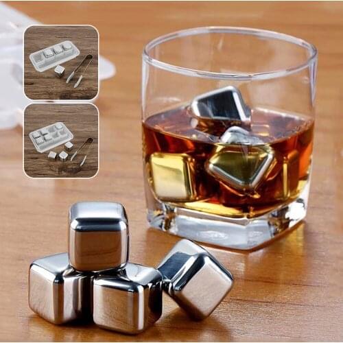 4/8Pcs Stainless Steel Ice Cube Set Chilling Stone For Whisky Reusable Drink Chilling Ice Rock Drink Wine Cooler Cubes With Clip