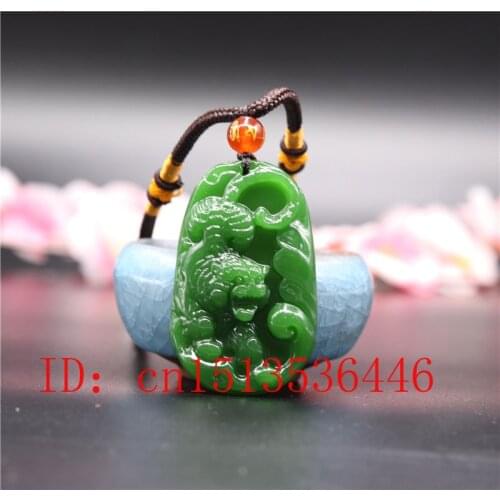 Natural Green Chinese Tiger Jade Pendant Necklace Hand-carved Charm Jewellery Fashion Man Lucky Amulet Gifts