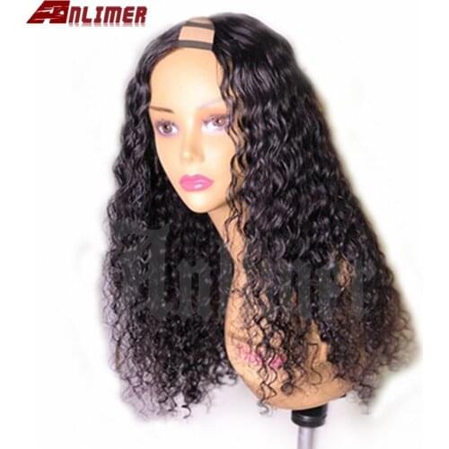 U Part Wig Deep Curly Human Hair Wig For Black Women 150% Density Natural Color Remy Glueless Middle U Shape Wigs Anlimer