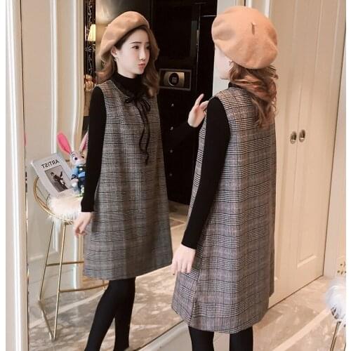 6611# Autumn Winter Maternity Knitted Shirts + Vest Plaid Dress Sets Korean Fashion Clothes for Pregnant Women Pregnancy Suits