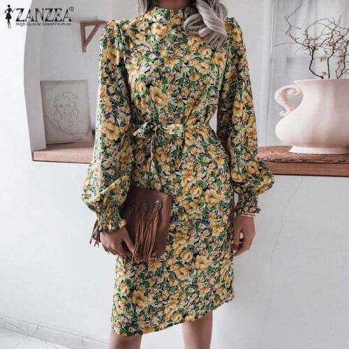Vintage Floral Printed Dress 2021 ZANZEA Women Autumn Long Lantern Sleeve Elegant Stand Collar Sundress Casual Midi Vestidos