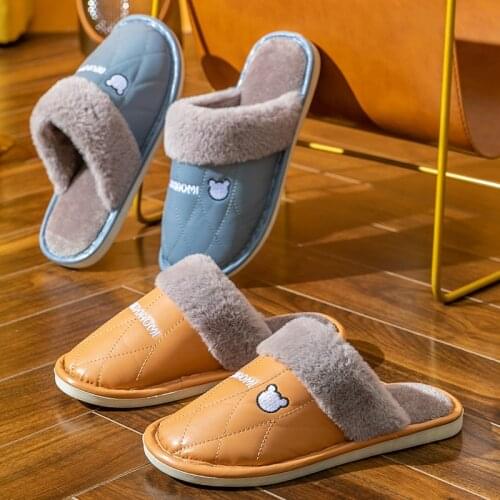 Waterproof Pu Lint Slippers Womens Autumn And Winter Indoor Home Non-slip Household Warmth Thick-soled Cotton Shoes