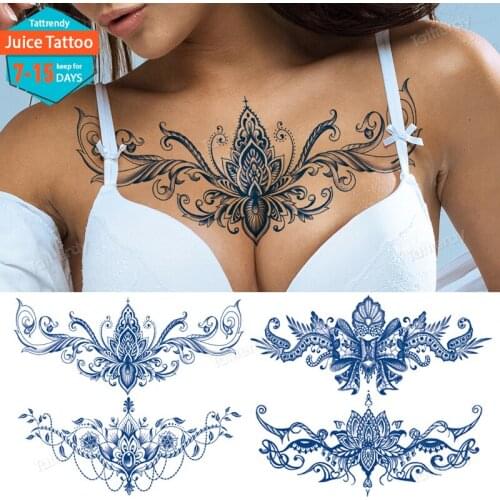 Under Breast Sternum Shoulder Arm Temporary Tattoo Juice long lasting lily Rose Peony Mandala Lace Tattoos Pattern Body Art Big