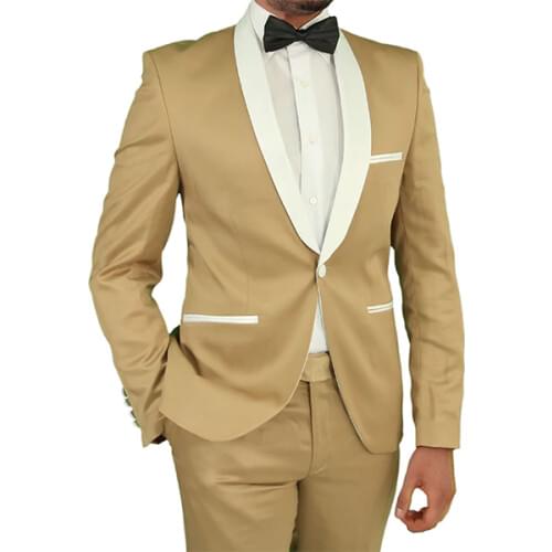 High Quality One Button Beige Groom Tuxedos Shawl Lapel Groomsmen Mens Suits Blazers (Jacket+Pants+Tie) W:676