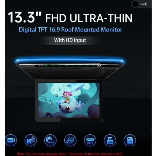 XTRONS 13.3" 1080P Video HD Digital TFT Monitor Wide Screen Ultra-thin Car Roof Player+2 IR Headphones