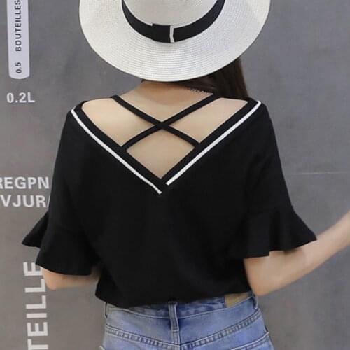 JMPRS Plus Size Women T Shirt Sexy Cross V Neck Short Sleeve Ladies Tees Casual Fashion Ruffles Summer Korean Loose Lady Top
