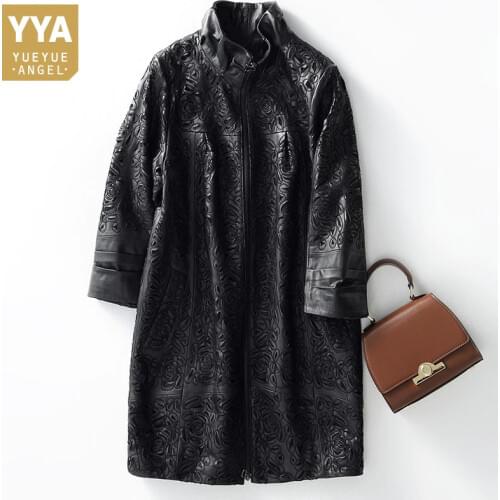 Embroidery Hollow Out Sheepskin Windbreakers Female OL Style 100% Real Leather Medium Long Jacket Streetwear Stand Collar Coat