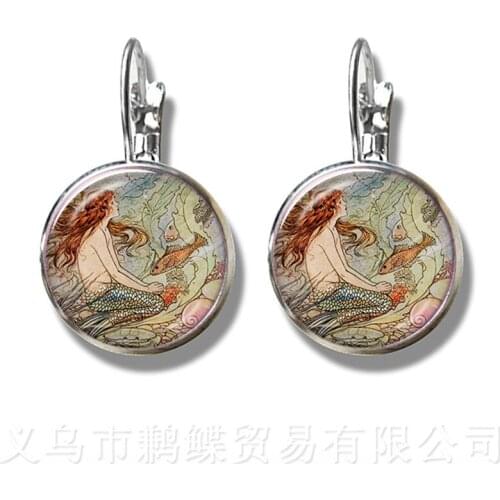Mermaid Pattern Earrings New Fashion Round Glass Mermaid Murano 16mm Glass Dome Silver Plated Stud Earrings For Women