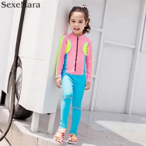 2019 kids girl full surfing wetsuits Beachwear swimsuit Wetsuits Cute kids girl Pacthwork diving suit with uv protection