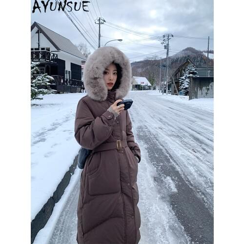 AYUNSUE Fashion High Quality Womens Down Jacket Real Fox Fur Collar Hooded Women Coats Female Winter Parkas Chaqueta Mujer