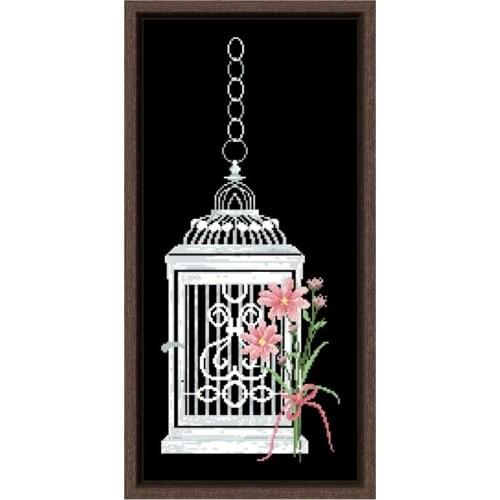 White cage with flowers aida fabric cross stitch kits 18ct 14ct 11ct black fabric hand embroidery DIY handmade needlework