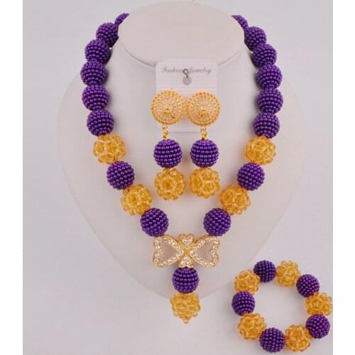 Purple & Champagne Gold Beaded Necklace Earrings Bracelet African Jewelry Set Nigeria Brial Set