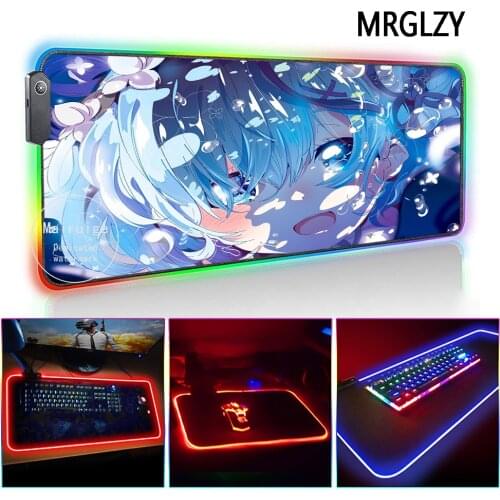 MRGLZY Sexy Blue Short Hair Girl XXL LED Light RGB Gamer Large Anime RemMouse Pad DeskMat Gaming Accessories for Laptop Keyboard
