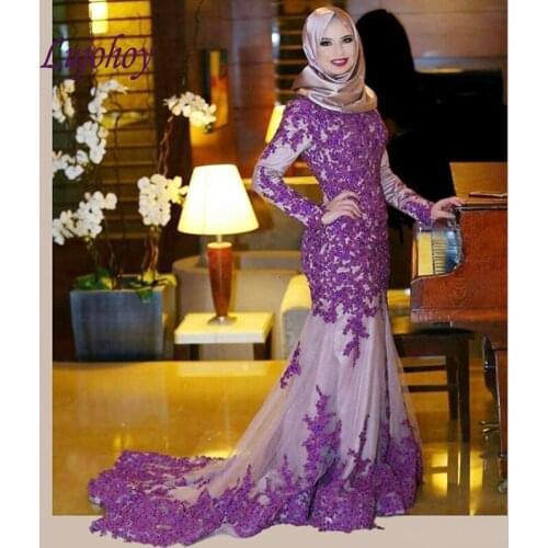 Long Sleeve Lace Evening Dresses Party Plus Size Women Ladies Prom Arabic Muslim Formal Evening Gowns Dresses