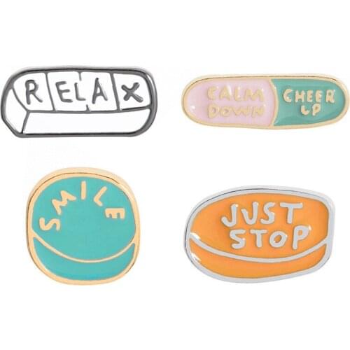 Fashion Relax Smile Just stop Brooch Round capsule shaped For Women Girls Geometric Pin Badge Jewelry Birthday Gifts