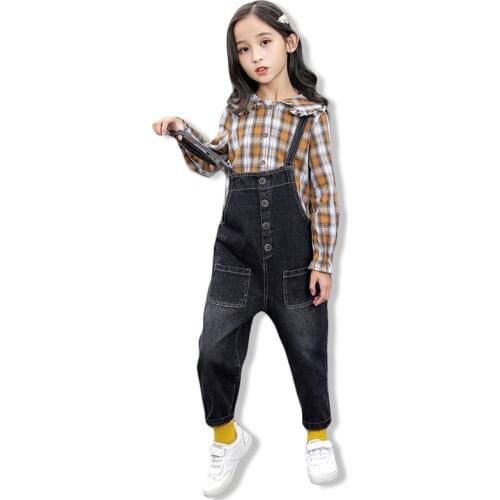 Fashion Girls Sets Autumn Children Clothing Denim Suspender Trousers + Long-sleeve Plaid Shirt 2 Piece Set Casual Kids Clothes