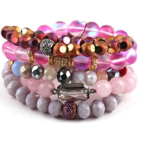 Fashion Jewelry Bracelet Sets Beautiful Pink Women Bracelet Set Natural Stone Glass Crystal Pave Bracelets
